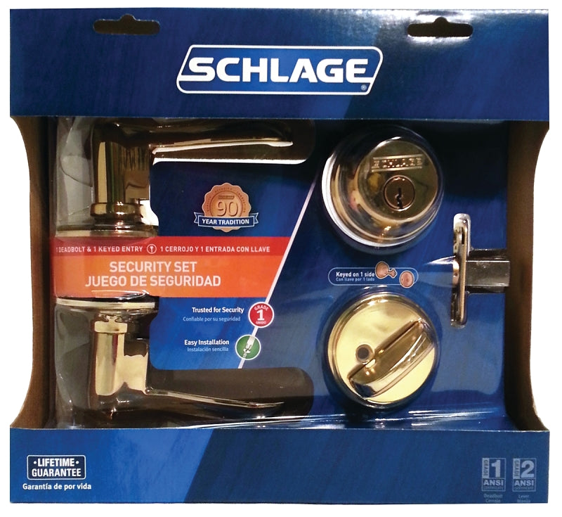 Schlage FB50NVFLA505 Deadbolt and Knobset, Mechanical Lock, Lever Handle, Wave Design, Bright Brass, Yes, Grade 1 Grade