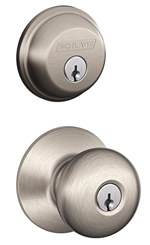 Schlage FB50VPLY619 Combo Deadbolt, Mechanical Lock, Knob Handle, Round Design, Satin Nickel, Yes, Grade 1 Grade, Metal