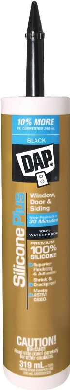 DAP Silicone Plus 73356 Window and Door Sealant, Black, 40 to 120 deg F, 319 mL Cartridge