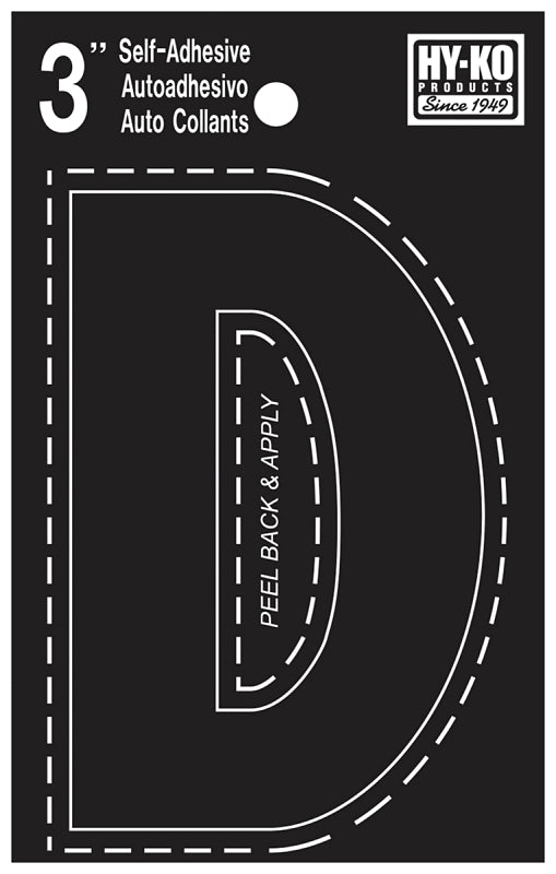 Hy-Ko 30400 Series 30414 Die-Cut Letter, Character: D, 3 in H Character, Black Character, Vinyl
