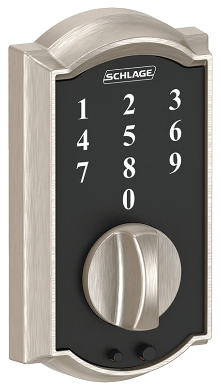 Schlage BE375 CAM 619 Electronic Dead Bolt, Satin Nickel, Residential, Grade 1 Grade, Metal, Thumb Turn Interior Handle
