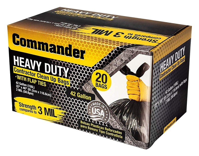 Ultrasac Commander 3MCON20 Heavy-Duty Contractor Clean-Up Bag, 42 gal Capacity, Polyethylene, Black