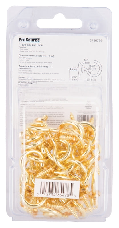 ProSource Cup Hook, 15/32 in Opening, 3.5 mm Thread, 1 in L, Brass, Brass