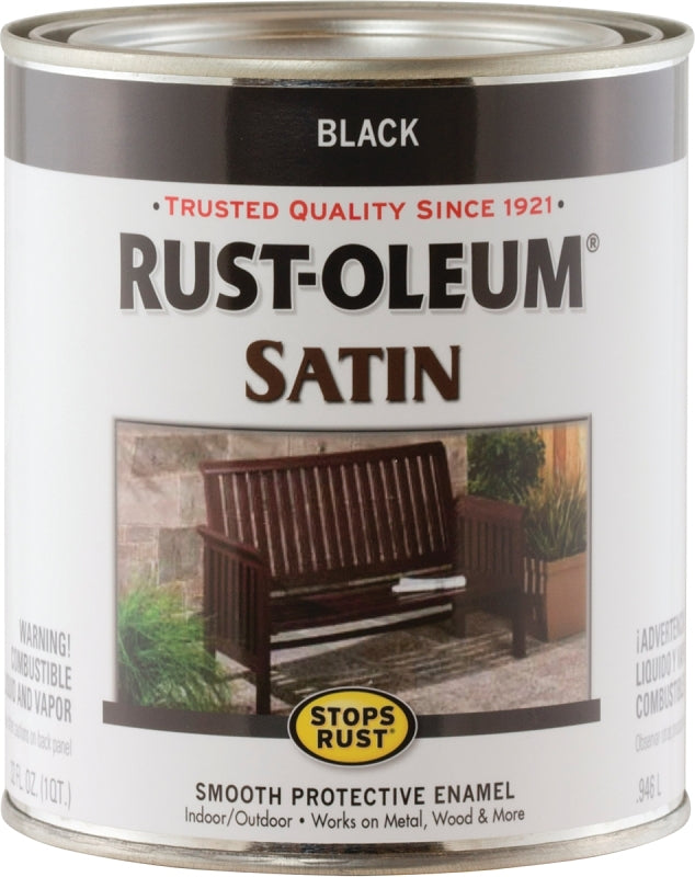 Stops Rust 7777502 Enamel Paint, Satin Sheen, Black, 1 qt, Can, 60 to 100 sq-ft/qt Coverage Area