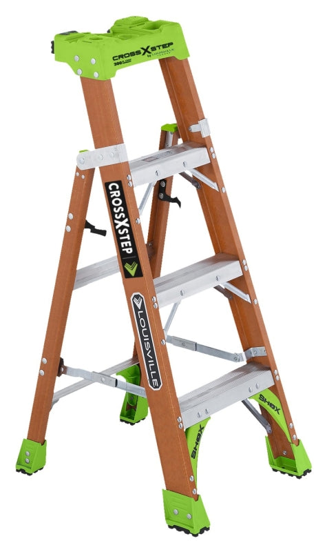 Louisville FXS1504 Cross Step Ladder, 4 ft H, Type IA Duty Rating, Fiberglass, 300 lb, 4-Step, 102 in Max Reach