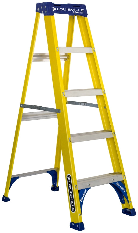 Louisville FS2005 Step Ladder, 113 in Max Reach H, 4-Step, 250 lb, Type I Duty Rating, 3 in D Step, Fiberglass