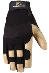 Wells Lamont 3214-XL Adjustable Work Gloves, Men's, XL, Reinforced Thumb, Spandex Back, Black/Brown/Tan