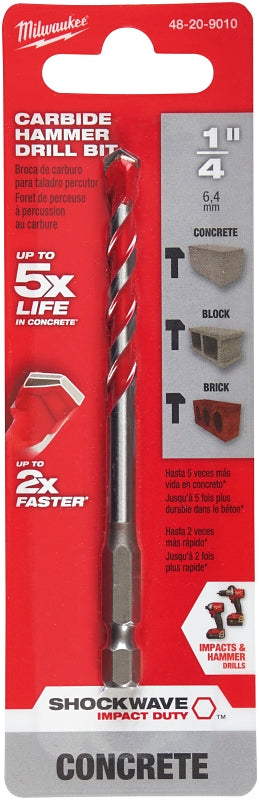 Milwaukee SHOCKWAVE 48-20-9010 Drill Bit, 1/4 in Dia, 4 in OAL, Wide Flute, 1/4 in Dia Shank, Hex Shank