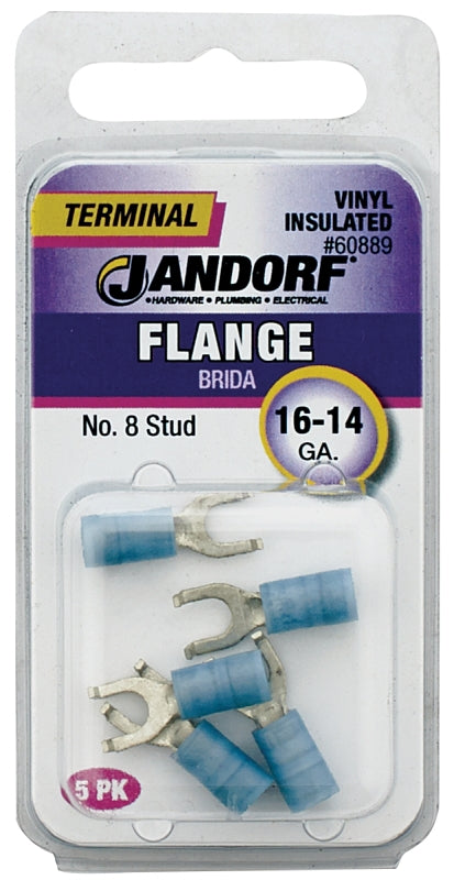 Jandorf 60889 Spade Terminal, 16 to 14 AWG Wire, #8 Stud, Vinyl Insulation, Copper Contact, Blue