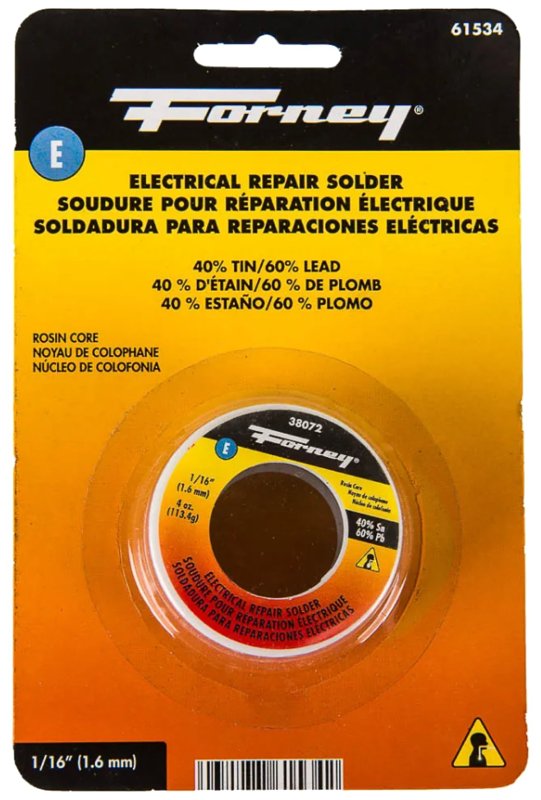 Forney 61534 Solder, 4 oz Carded, Solid, Silvery White, 190 deg C Melting Point