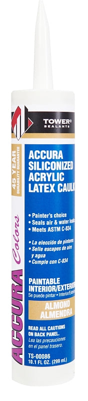 Tower Sealants ACCURA TS-00086 Silicone Caulk, Almond, 7 to 14 days Curing, 40 to 140 deg F, 10.1 fl-oz Tube