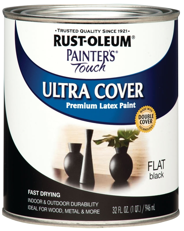 Painter's Touch Ultra Cover 1976502 Enamel Paint, Water Base, Flat Sheen, Black, 1 qt, Can, 120 sq-ft Coverage Area
