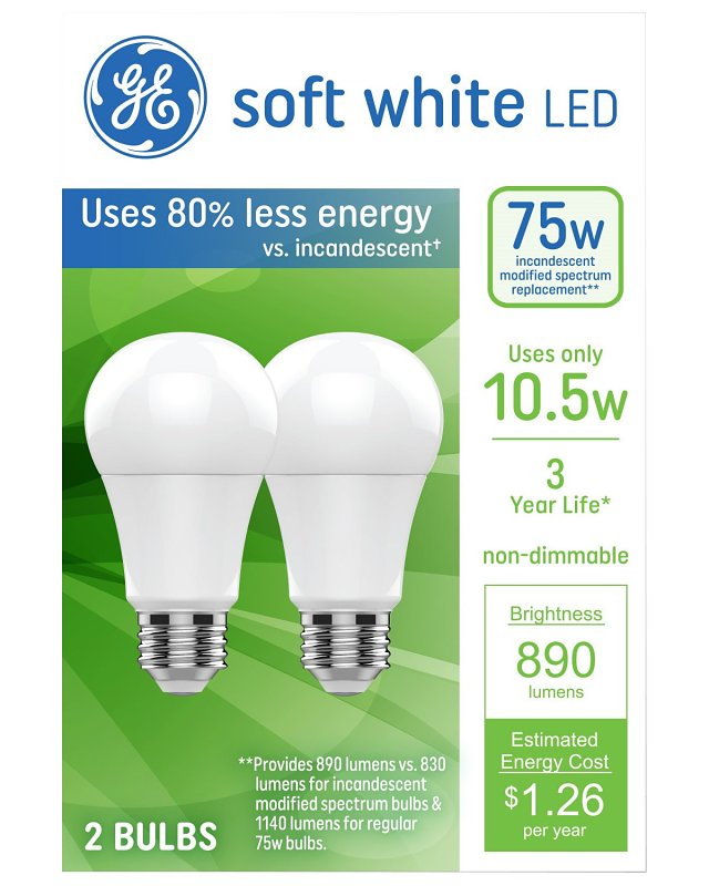 GE 93131321 LED Light Bulb, A19 Lamp, 75 W Equivalent, Medium Lamp Base, Non-Dimmable, Soft White/Warm White