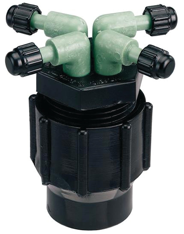 Orbit 67025 Manifold, 1/2 x 1/4 in Connection, Thread x Barb, 4 -Port, 1/4 in Tubing, Plastic, Black