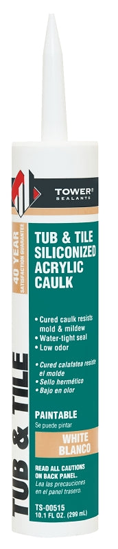 Tower Sealants TS-00515 Tub and Tile Siliconized Acrylic Caulk, White, 7 to 14 days Curing, 40 to 95 deg F, 10.1 fl-oz