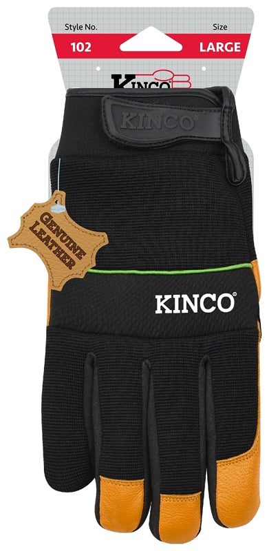 KincoPro 102-L Safety Gloves, Men's, L, Wing Thumb, Hook and Loop Cuff, Polyester/Spandex Back, Gold
