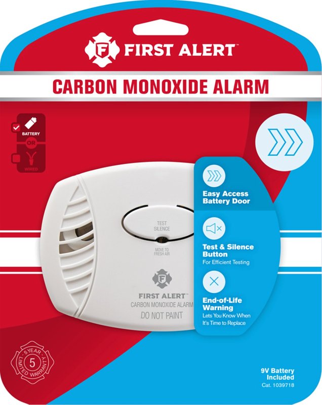 First Alert 1039718 Carbon Monoxide Alarm, 85 dB, Alarm: Audio, Electrochemical Sensor, White