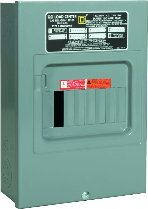 Square D QO QO612L100SCP Load Center, 100 A, 6 -Space, 12 -Circuit, Main Lug, NEMA 1 Enclosure, Plug Mounting