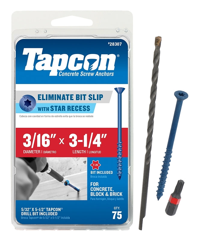 Buildex Tapcon 28307 Concrete Screw Anchor, 3/16 in Dia, 3-1/4 in L, Steel, Climaseal