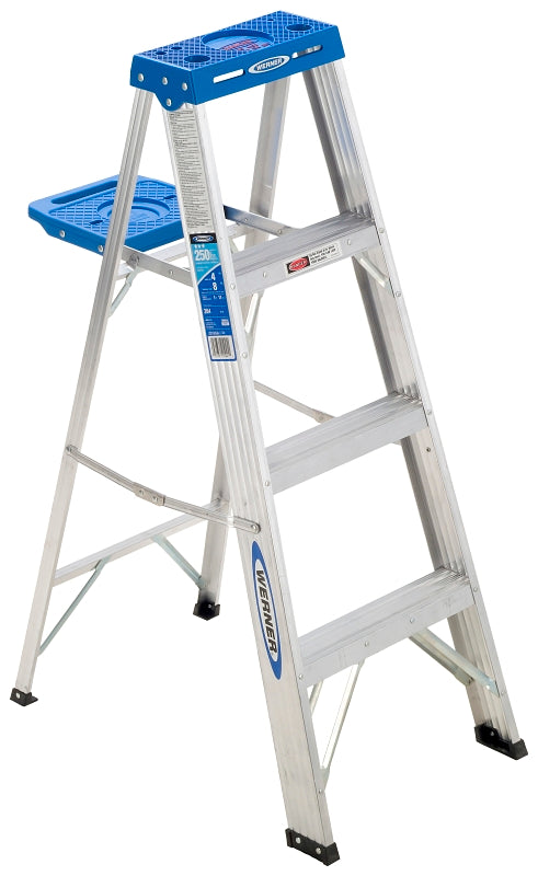WERNER 364 Step Ladder, 8 ft Max Reach H, 3-Step, 250 lb, Type I Duty ...