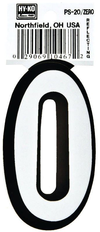 Hy-Ko PS-20/0 Reflective Sign, Character: 0, 3-1/4 in H Character, Black/White Character, Vinyl