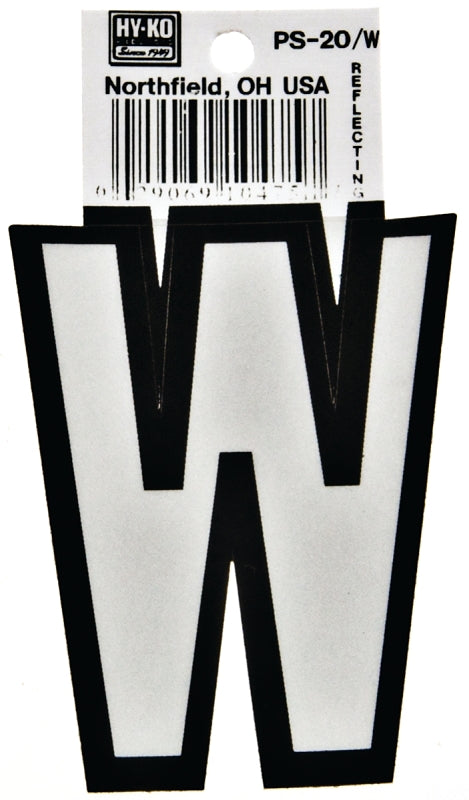 Hy-Ko PS-20/W Reflective Letter, Character: W, 3-1/4 in H Character, Black/White Character, Vinyl