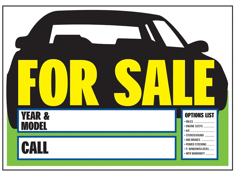 Hy-Ko 22104 Sign, For Sale (Car), Yellow Legend, Plastic, 9 in W x 14 in H Dimensions