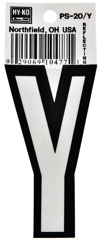 Hy-Ko PS-20/Y Reflective Letter, Character: Y, 3-1/4 in H Character, Black/White Character, Vinyl