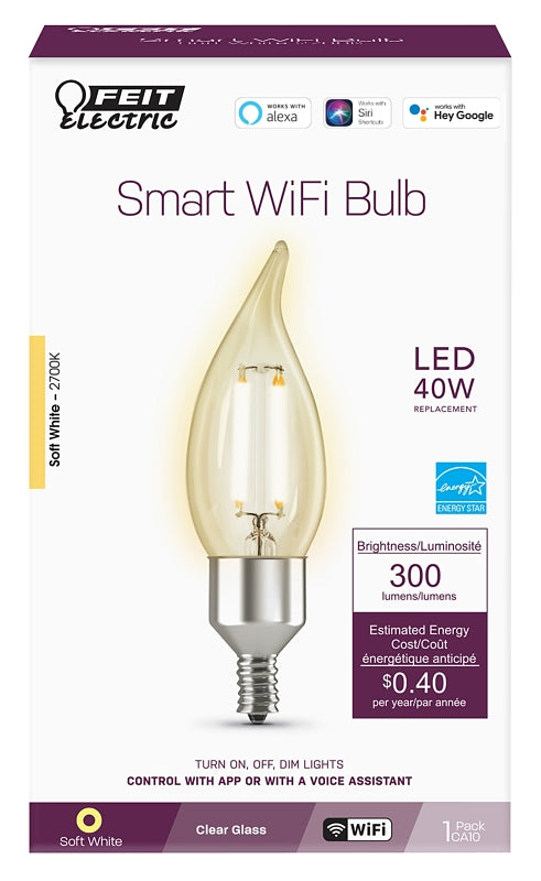 Feit Electric CFC40/927CA/FIL/AG Smart Bulb, 3.3 W, Wi-Fi Connectivity: Yes, Voice Control, E12 Candelabra Lamp Base