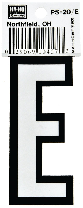 Hy-Ko PS-20/E Reflective Letter, Character: E, 3-1/4 in H Character, Black/White Character, Vinyl