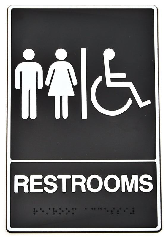 Hy-Ko DB-5 Graphic Sign, Rectangular, REST ROOM, White Legend, Black Background, Plastic, 6 in W x 9 in H Dimensions