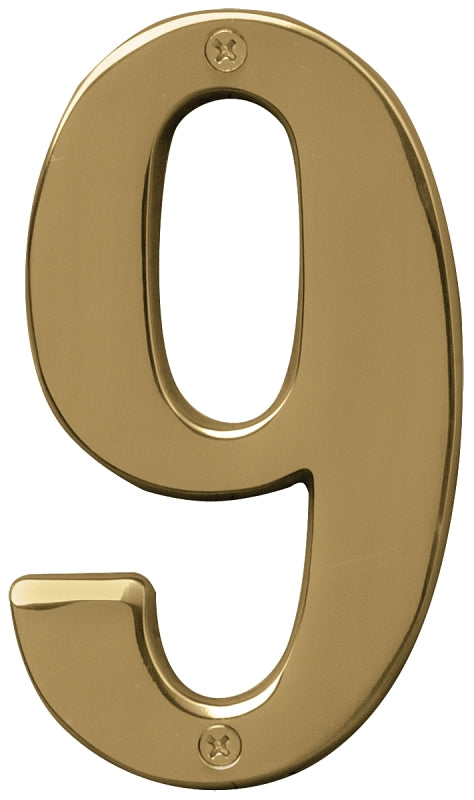 Hy-Ko Prestige Series BR-51PB/9 House Number, Character: 9, 5 in H Character, Brass Character, Solid Brass