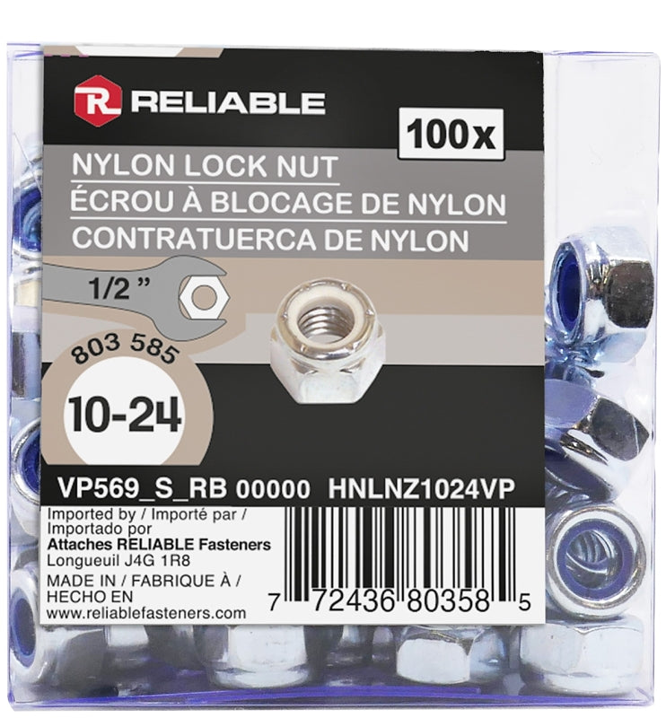 Reliable HNLNZ1024VP Lock Nut, UNC-UNF Thread, 10-24 Thread, Steel, Zinc, NE2 Grade