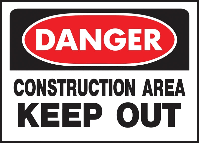 Hy-Ko 520 Danger Sign, Rectangular, CONSTRUCTION AREA KEEP OUT, Black Legend, White Background, Polyethylene