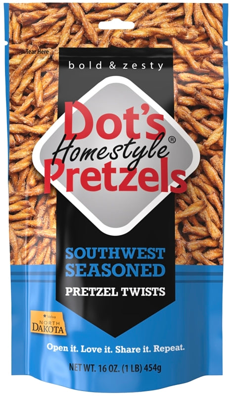 Dot's Homestyle Pretzels 5002- DP Southwest Seasoned Pretzel Twists, Artificial Butter Flavor, 16 oz Bag