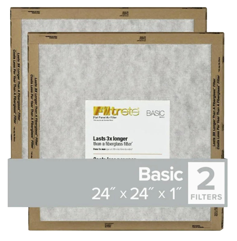 Filtrete FPL12-2PK-24 Flat Panel Air Filter, 24 in L, 24 in W, 2 MERV, For: Air Conditioner, Furnace and HVAC System