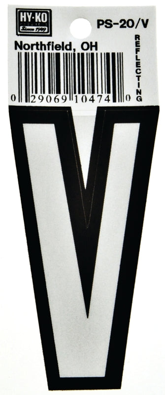 Hy-Ko PS-20/V Reflective Letter, Character: V, 3-1/4 in H Character, Black/White Character, Vinyl