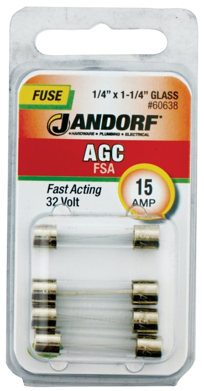 Jandorf 60638 Fast Acting Fuse, 15 A, 32 V, 1 kA Interrupt, Glass Body