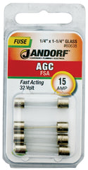 Jandorf 60638 Fast Acting Fuse, 15 A, 32 V, 1 kA Interrupt, Glass Body