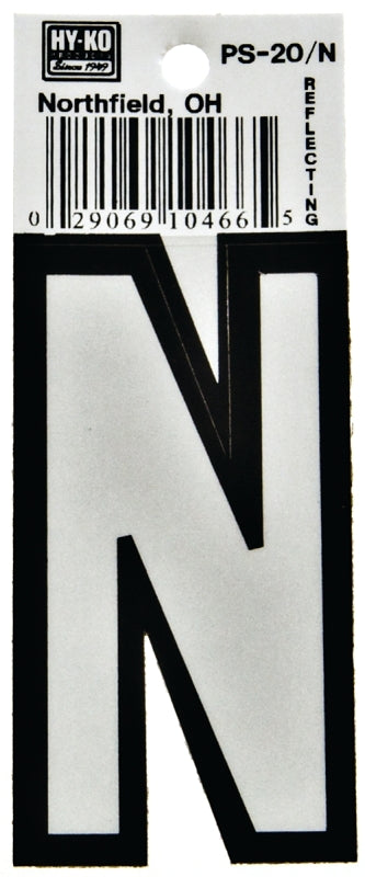 Hy-Ko PS-20/N Reflective Letter, Character: N, 3-1/4 in H Character, Black/White Character, Vinyl