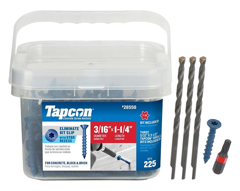 Buildex Tapcon 28550 Concrete Screw Anchor, 3/16 in Dia, 1-1/4 in L, Steel, Climaseal