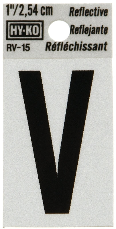 Hy-Ko RV-15/V Reflective Letter, Character: V, 1 in H Character, Black Character, Silver Background, Vinyl