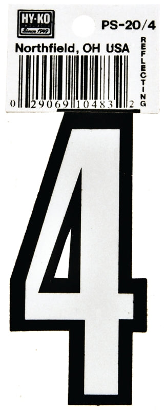 Hy-Ko PS-20/4 Reflective Sign, Character: 4, 3-1/4 in H Character, Black/White Character, Vinyl