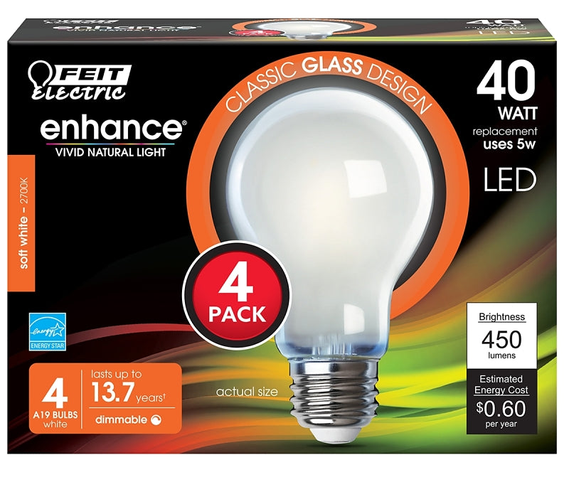 Feit Electric A1940/927CA/FIL/4 LED Bulb, General Purpose, A19 Lamp, 40 W Equivalent, E26 Lamp Base, Dimmable