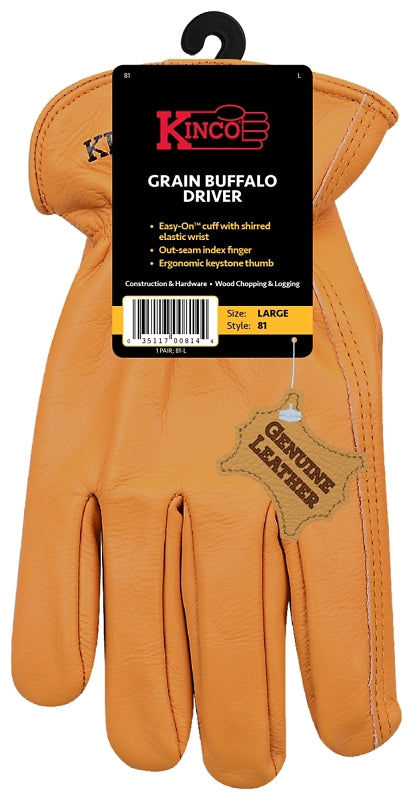 Kinco 81-L Driver Gloves, Men's, L, Keystone Thumb, Easy-On Cuff, Grain Buffalo Leather, Gold