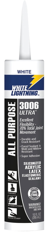 White Lightning W11000010 Siliconized Acrylic Latex Sealant, White, 5 to 7 days Curing, -30 to 180 deg F, 10 fl-oz