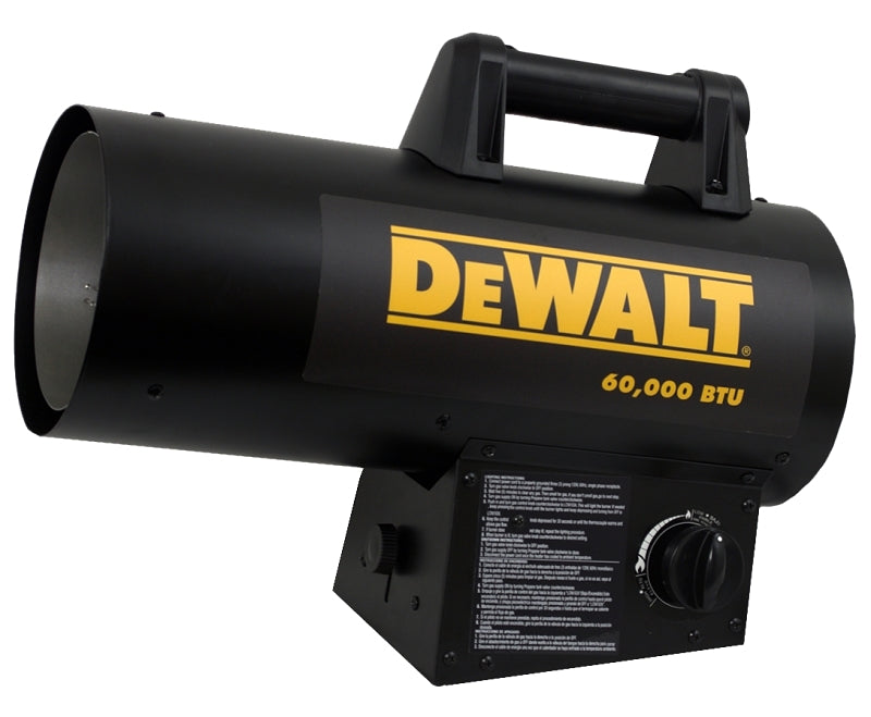 DeWALT F340750 Portable Heater, 20 lb Fuel Tank, Propane, 60,000 Btu/hr BTU, 1500 sq-ft Heating Area, Black