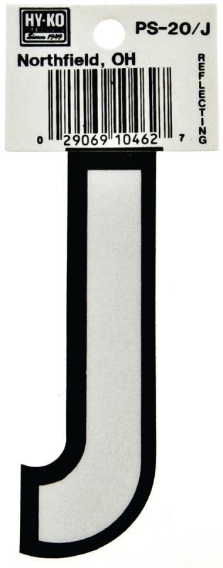 Hy-Ko PS-20/J Reflective Letter, Character: J, 3-1/4 in H Character, Black/White Character, Vinyl