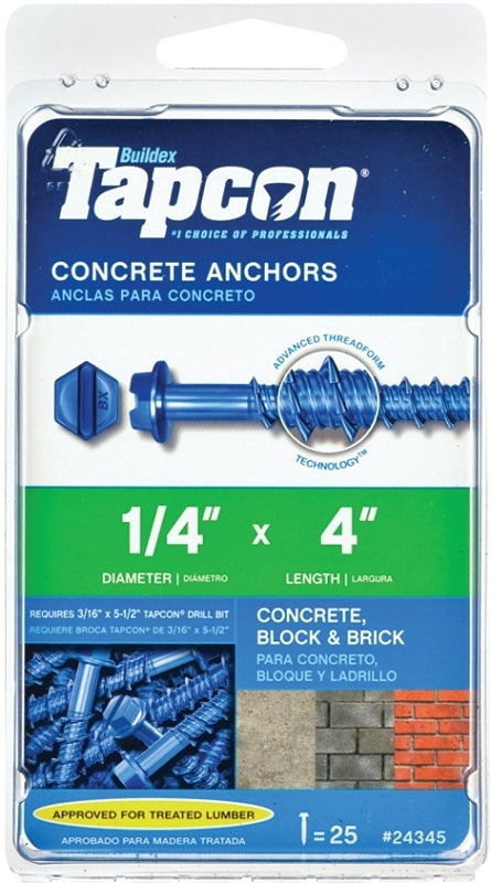Buildex Tapcon 24345 Screw Anchor, Hex, Phillips, Slotted Drive, Steel, Climaseal, 25 PK