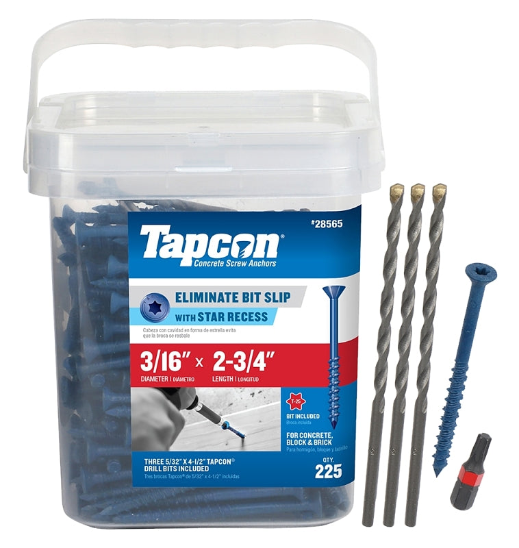 Buildex Tapcon 28565 Concrete Screw Anchor, 3/16 in Dia, 2-3/4 in L, Steel, Climaseal